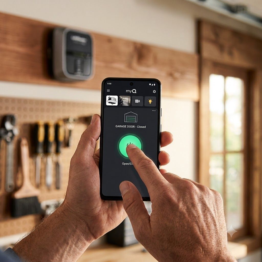 Homeowner using the LiftMaster myQ app to control a garage door opener