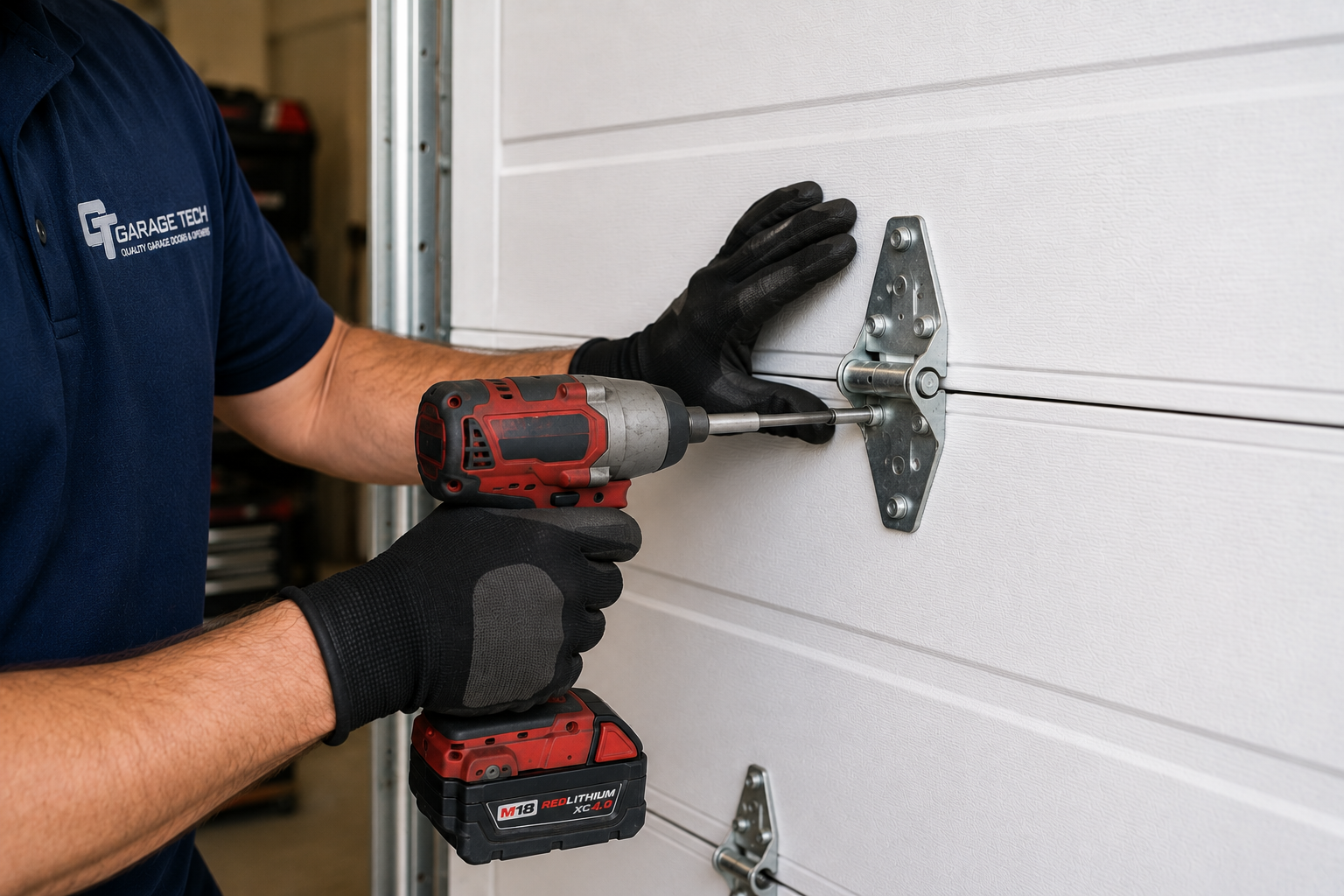 Garage door technician installing garage door hardware with a drill