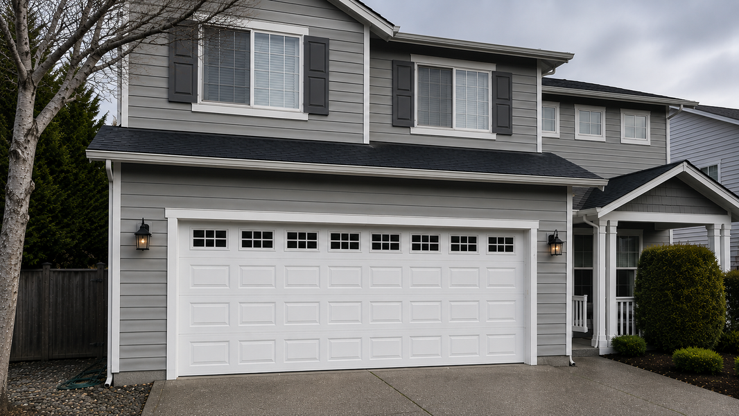Gray home with white steel carriage house garage doors