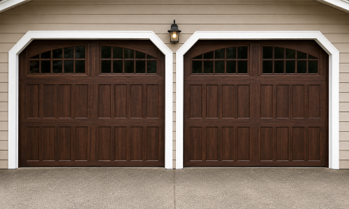 Dark wood-tone steel carriage garage doors with arched top windows