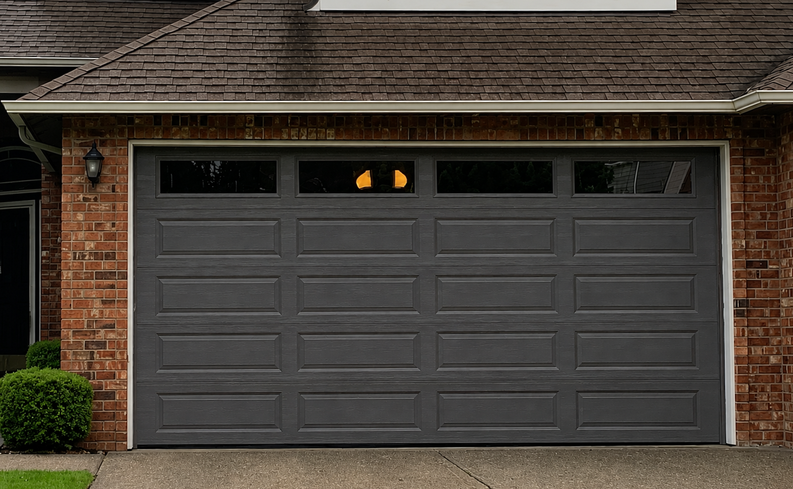 Brick home with a dark grey traditional steel garage door