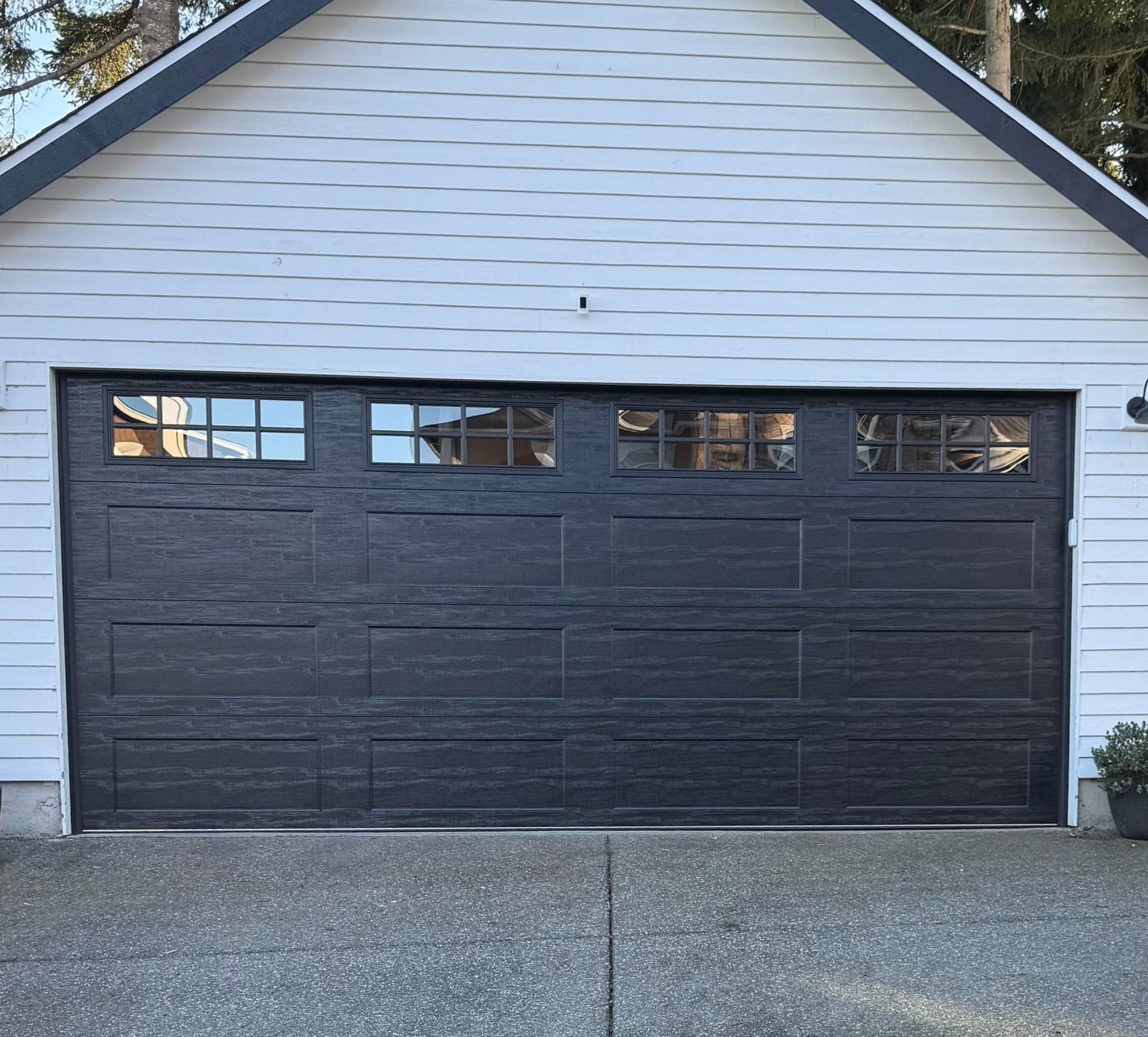 Black traditional steel garage door with a horizontal window row