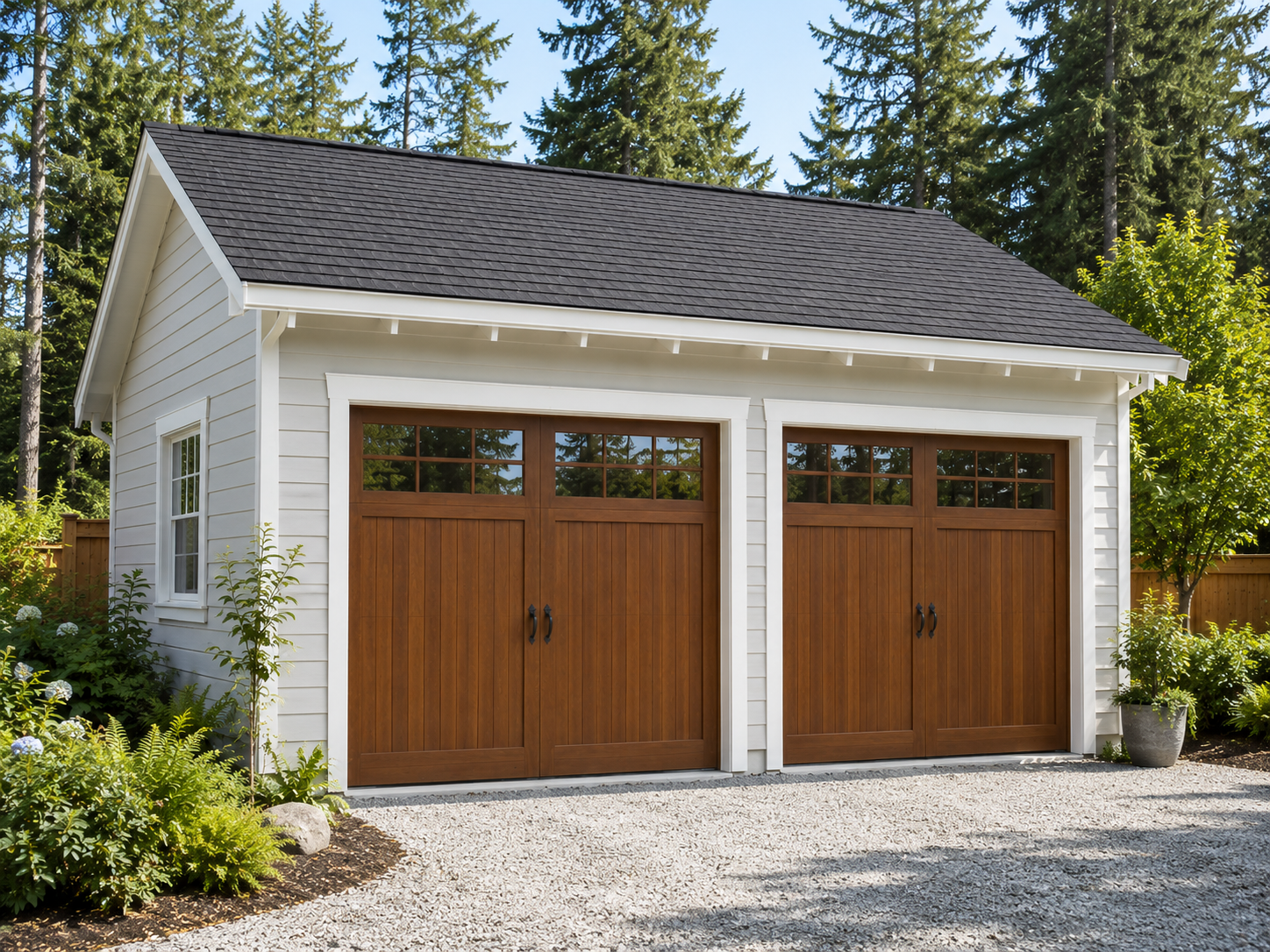 Detached garage with light wood-tone carriage house garage doors