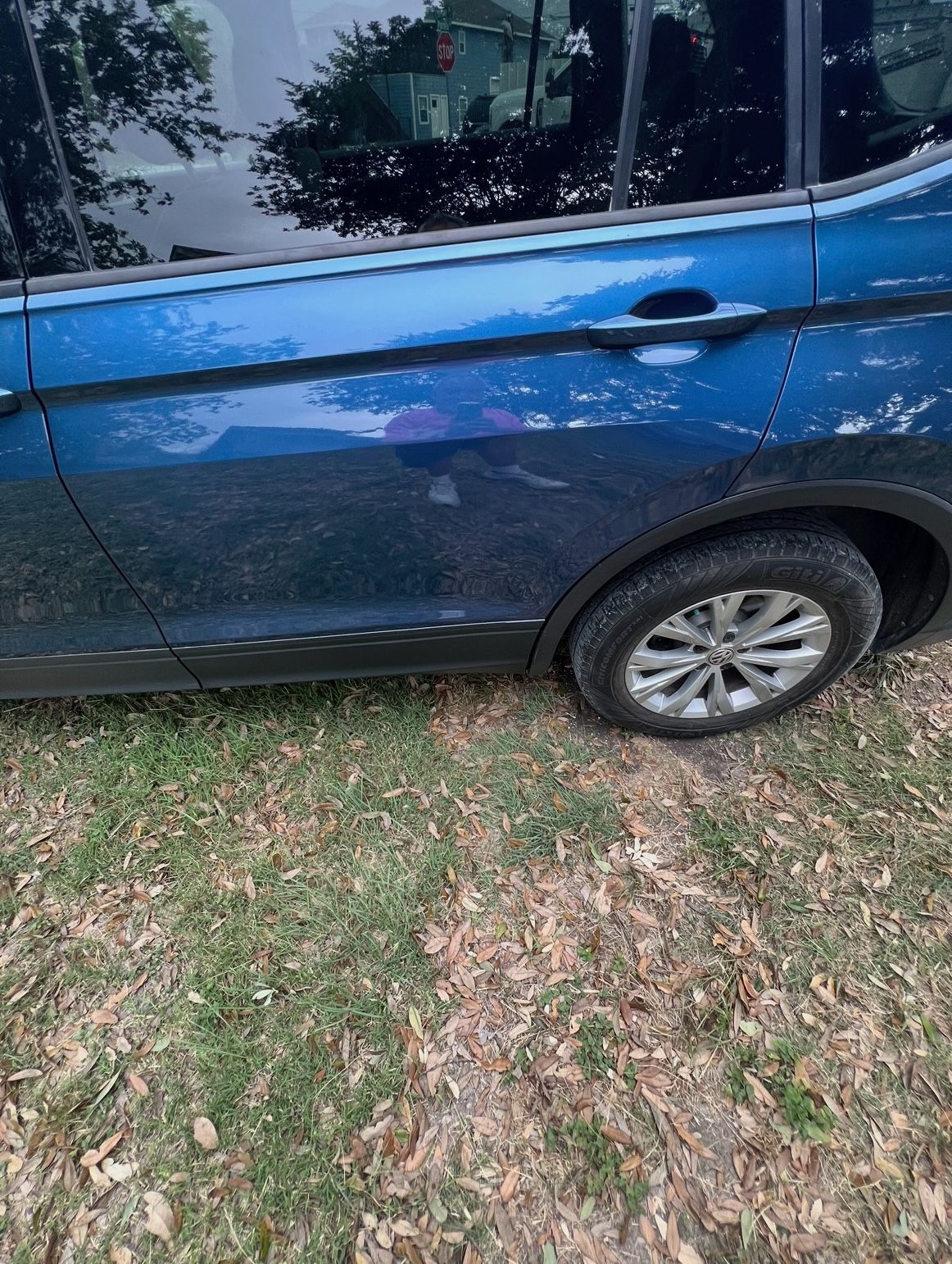 A blue car is parked in a grassy field.