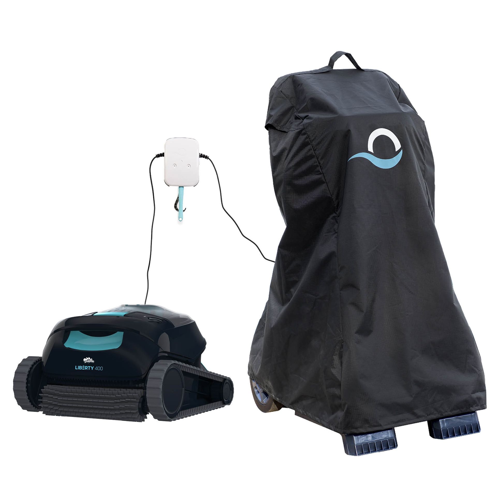 Pool Robot With Power Supply Next to a Caddy Covered in a Black Storage Bag — Port Douglas Pool Shop in Craiglie, QLD