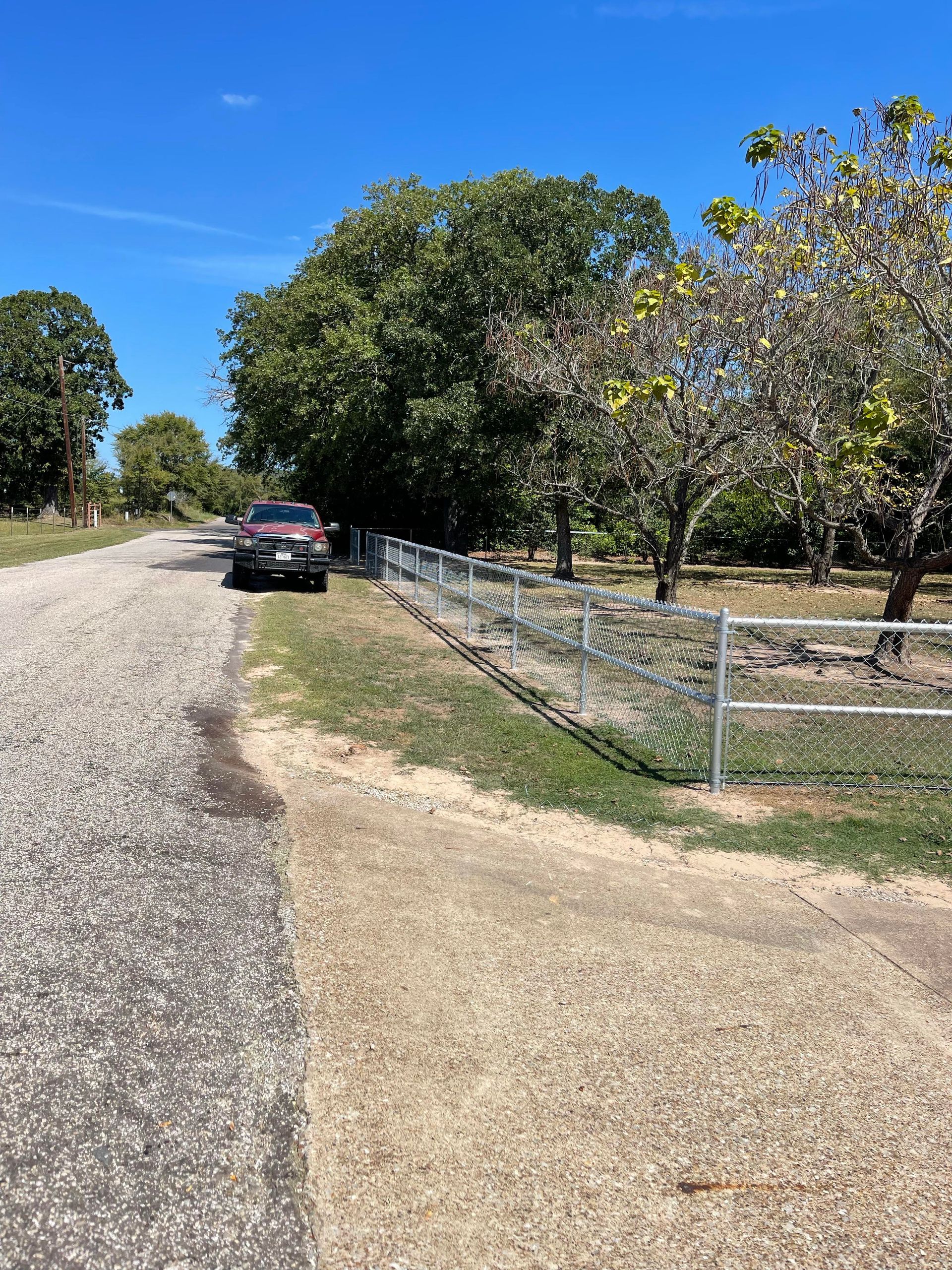 Red car on a gravel lane beside a fenced orchard under a blue sky.