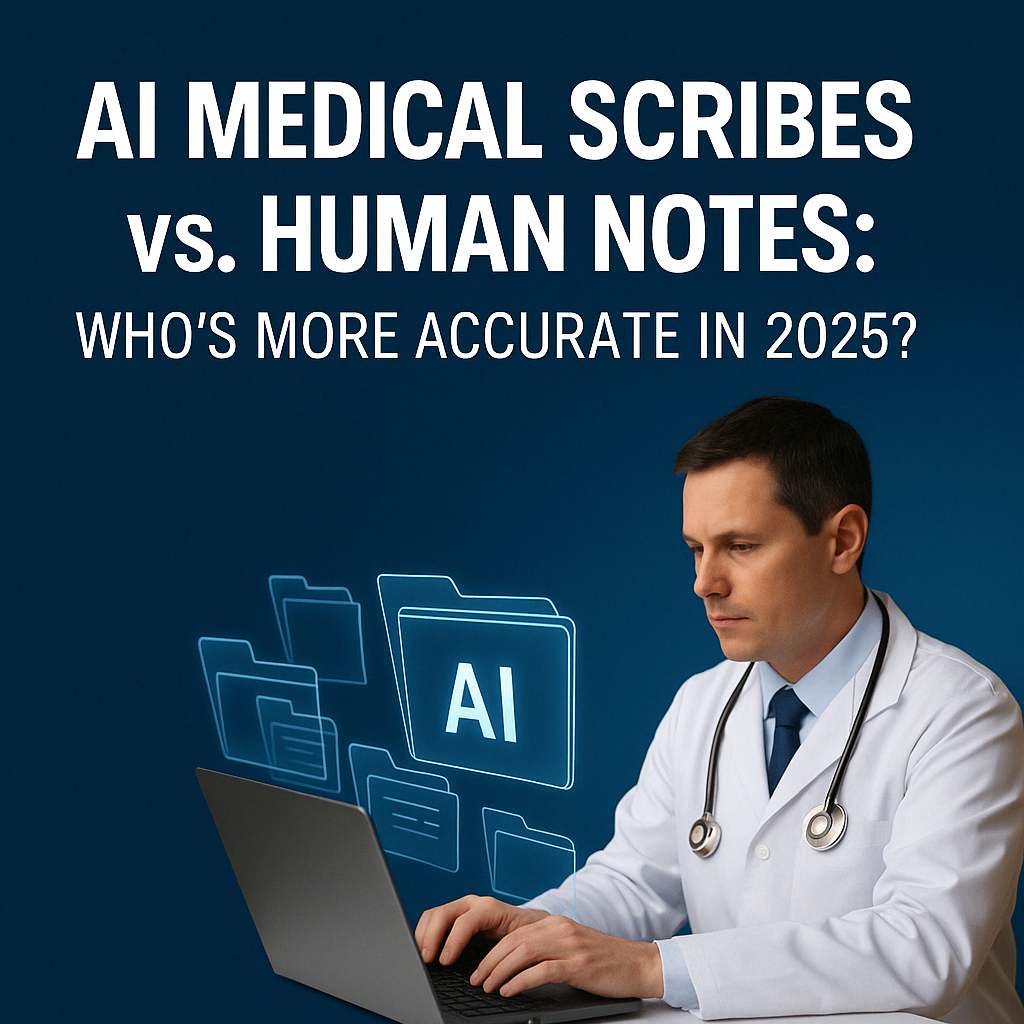 Doctor generating EHR notes with AI, beige-blue background