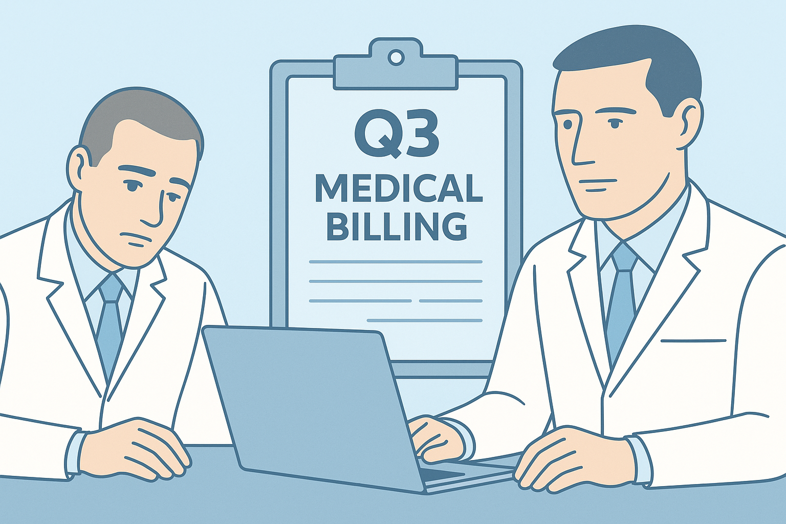 Two doctors reviewing Q3 medical billing data on a laptop to assess revenue cycle performance and bi