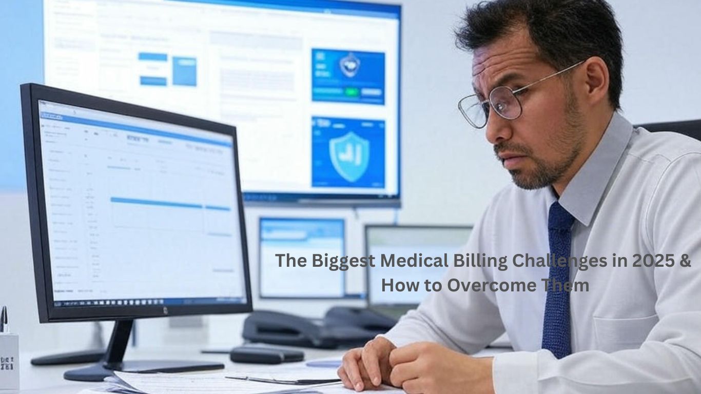 A futuristic illustration of a medical billing professional at a desk with paperwork and a computer 