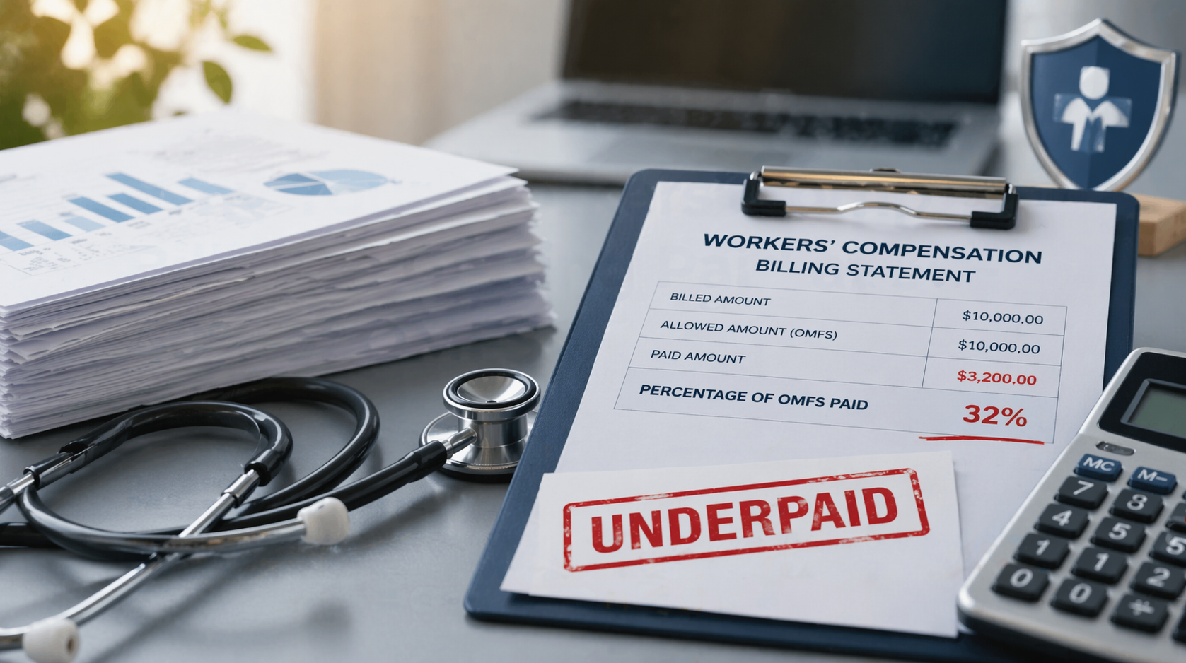 Workers’ compensation billing statement showing underpayment compared to OMFS with medical and finan