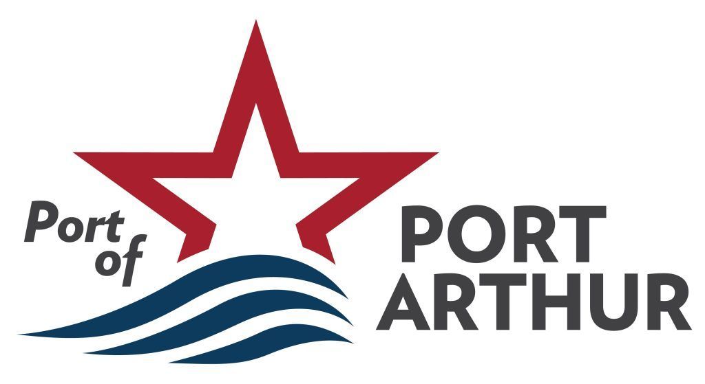 Logo for the Port of Arthur featuring a red star above blue waves with the text