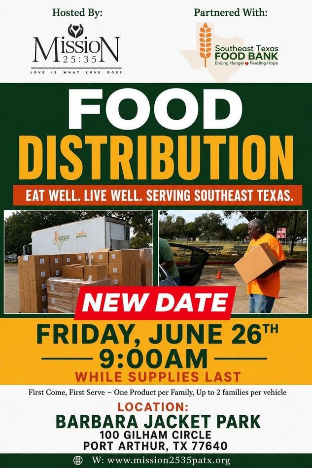 Food distribution flyer with boxes, announcing a new date: Friday, June 26, 9:00 AM at Barbara Jacket Park.