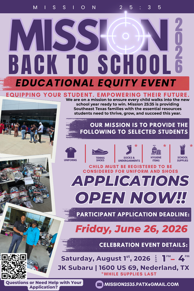 Mission Back to School 2026 educational equity event flyer with applications open now