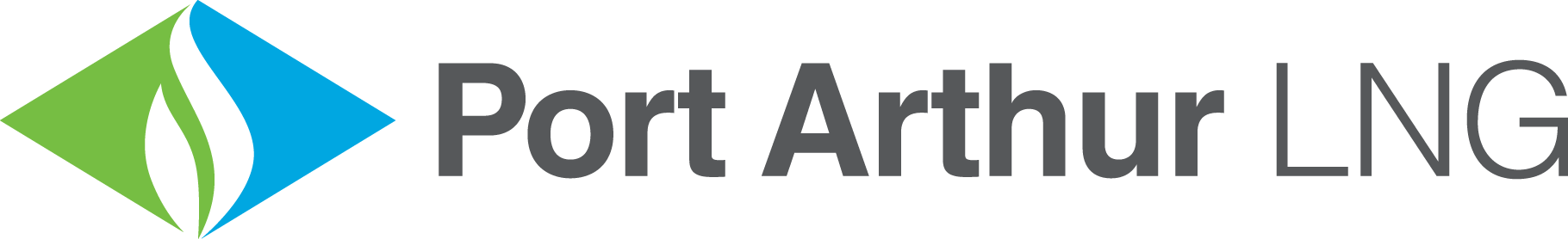 The Port Arthur LNG logo features a diamond shape split between green and blue with a white flame, next to the text.