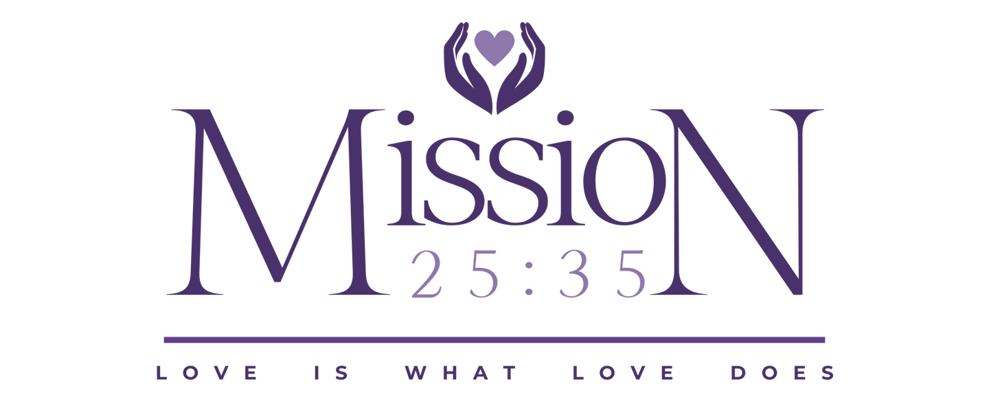 Logo of Mission 25:35 with a heart symbol and hands. Text reads 