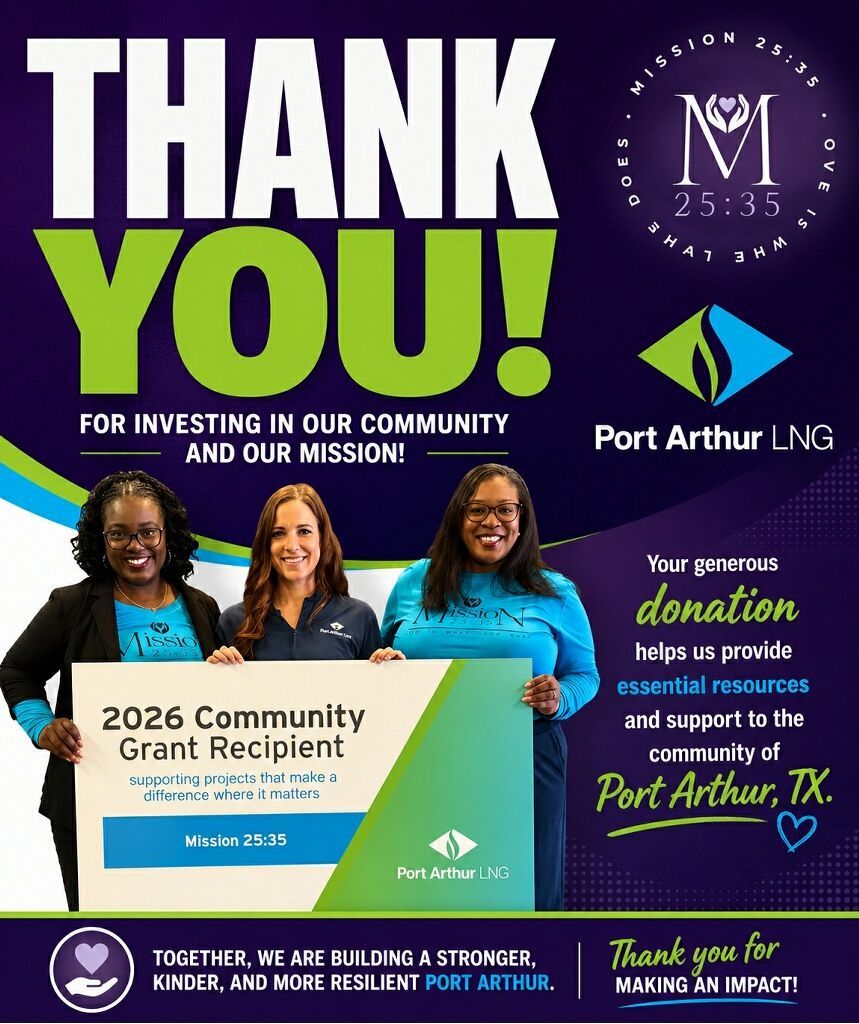 Thank you poster for Port Arthur LNG community grant recipients, with three smiling people and large “THANK YOU!” text