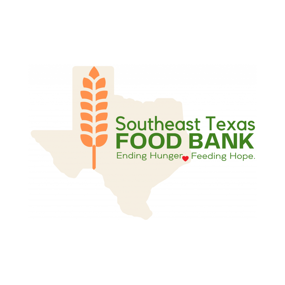 Logo of Southeast Texas Food Bank: Texas outline, wheat stalk, and text 