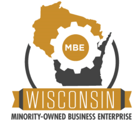 Wisconsin Minority-Owned Business Enterprise logo with gold and gray gear-shaped state outline Wisconsin Minority-Owned Business Enterprise logo with gold and gray gear-shaped state outline