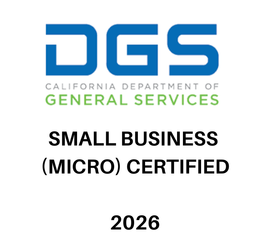 California DGS Small Business (Micro) Certified badge, blue, green, black, and white, with 2026 date California DGS Small Business (Micro) Certified badge, blue, green, black, and white, with 2026 date
