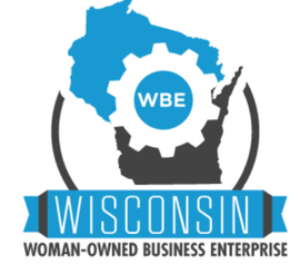 Wisconsin Woman-Owned Business Enterprise logo with blue WBE gear emblem and state silhouette Wisconsin Woman-Owned Business Enterprise logo with blue WBE gear emblem and state silhouette