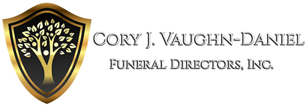 Gold-and-black shield logo with a tree, beside “Cory J. Vaughn-Daniel Funeral Directors, Inc.” text