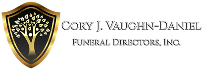 Gold-and-black shield logo with a tree, beside “Cory J. Vaughn-Daniel Funeral Directors, Inc.” text