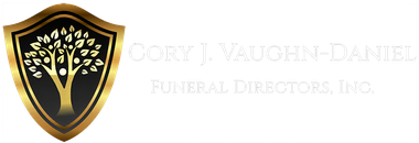 Gold shield logo with tree and funeral directors text on a light background