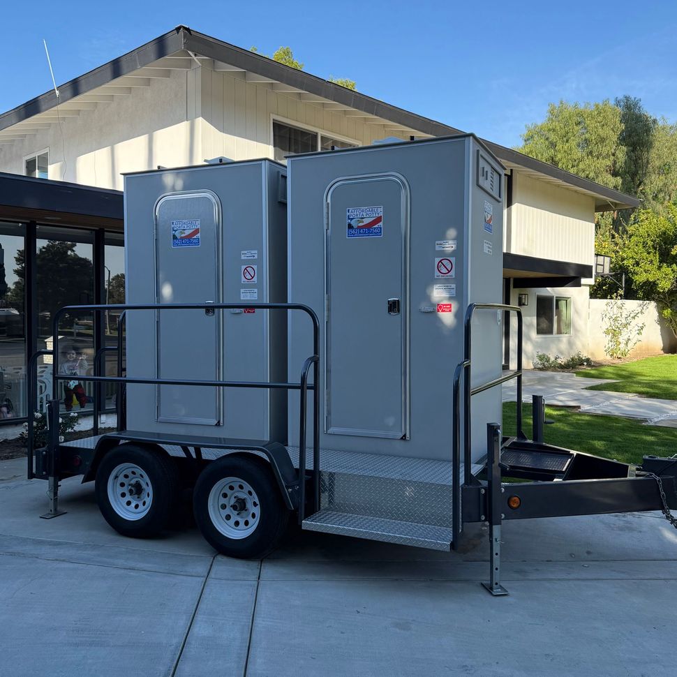 Prestige 2 station restroom trailer. contact us today to rent for your next event or job site.