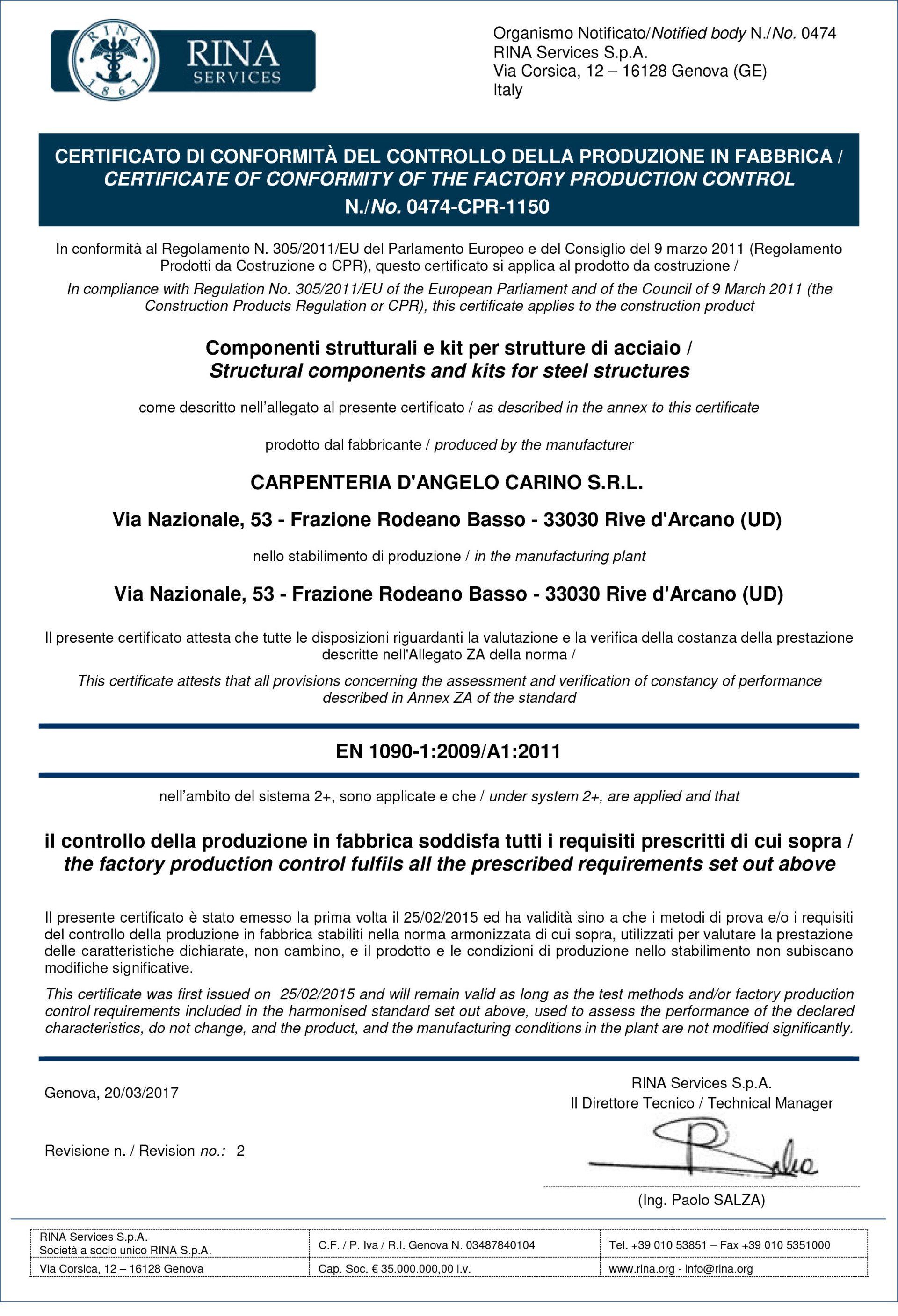 Documento certificato ufficiale con intestazione blu, logo RINA e firma in calce.