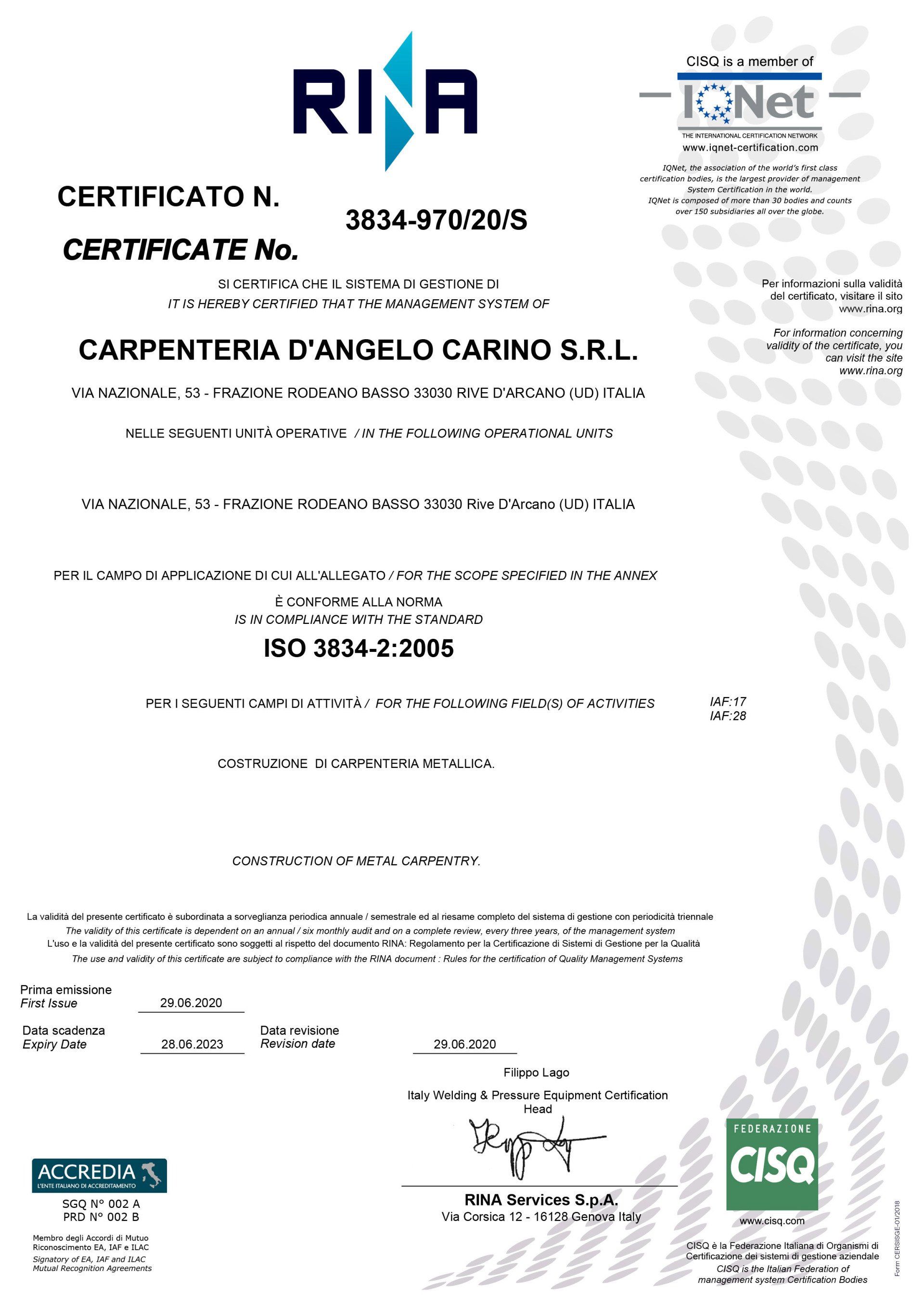 Documento certificatore con i loghi RINA e CISQ, con testo e firme in italiano su sfondo bianco.