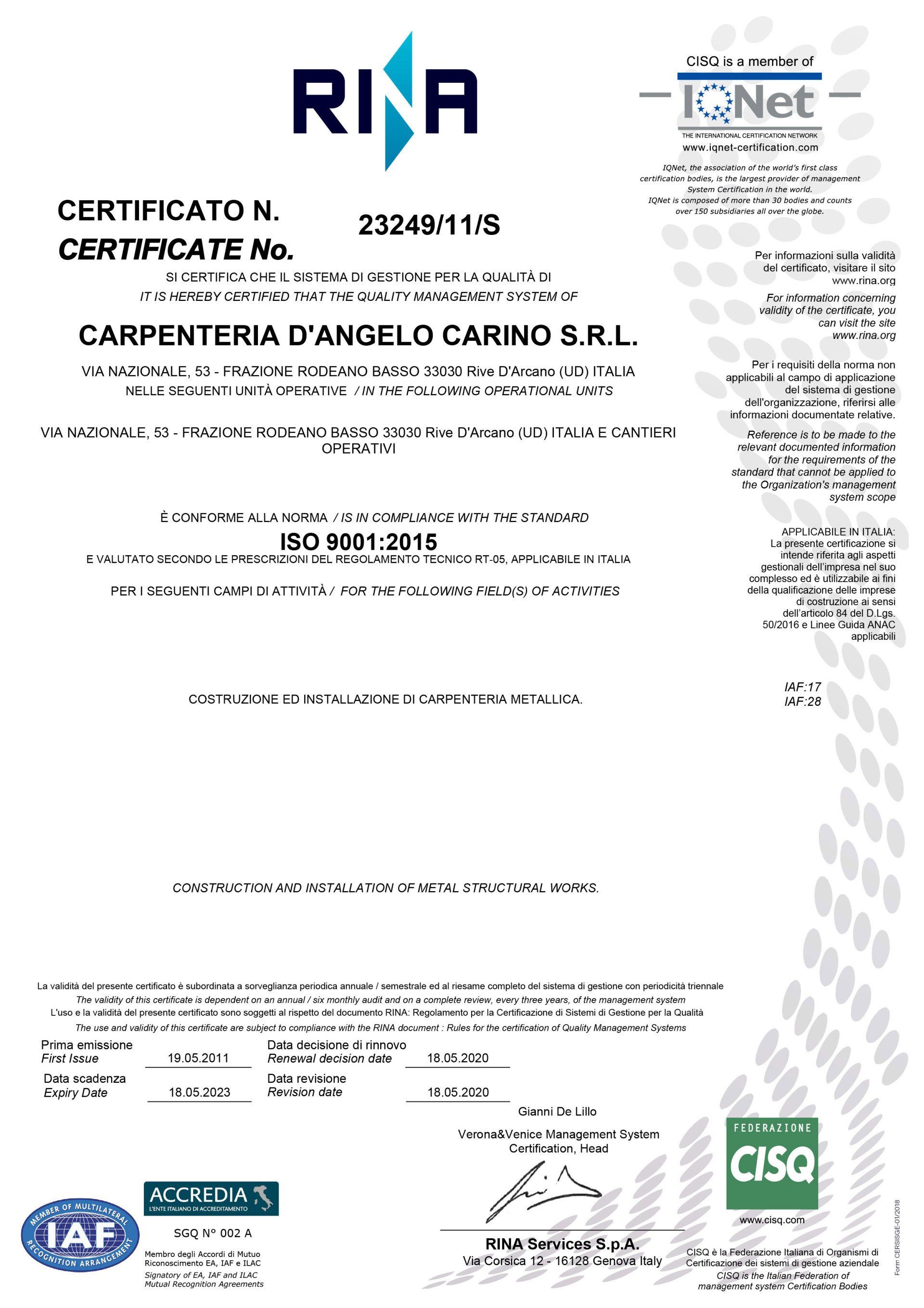Documento di certificazione con i loghi RINA e IQNet, intitolato Carpintería y Angulo Camino SRL