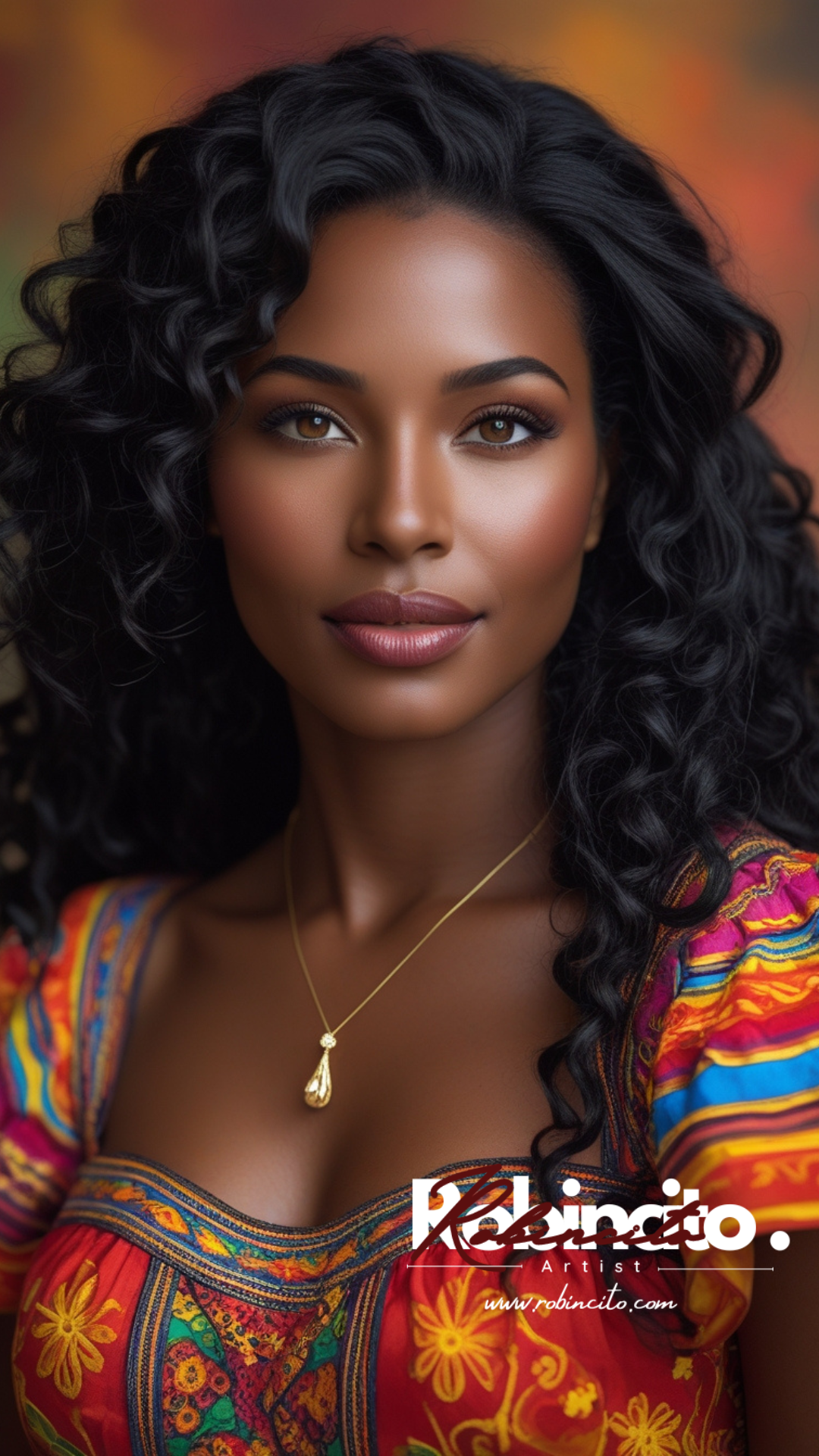 Woman with dark curly hair, wearing colorful patterned top, gold necklace.