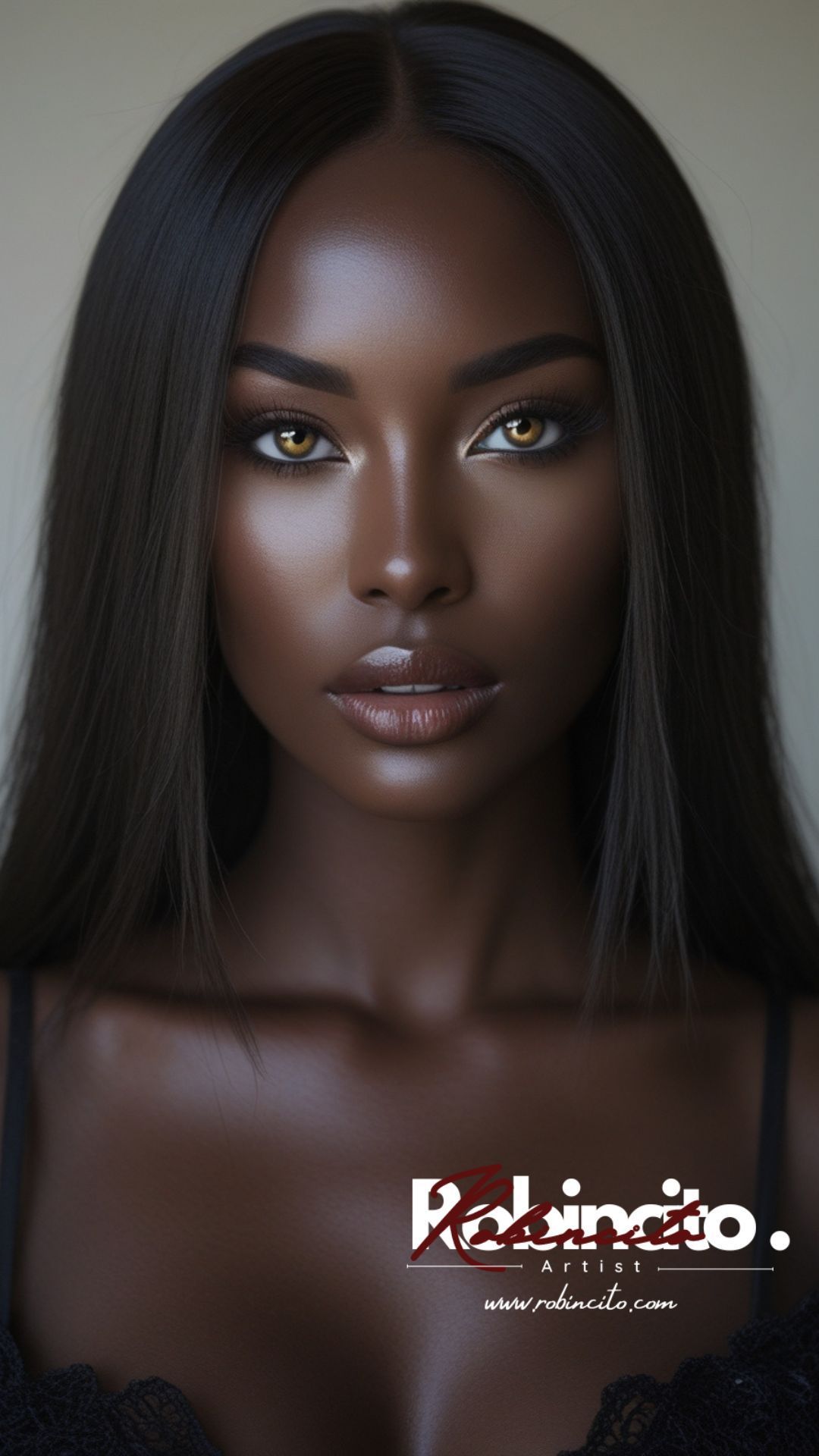 A woman with deep brown skin and long black hair looks at the viewer.