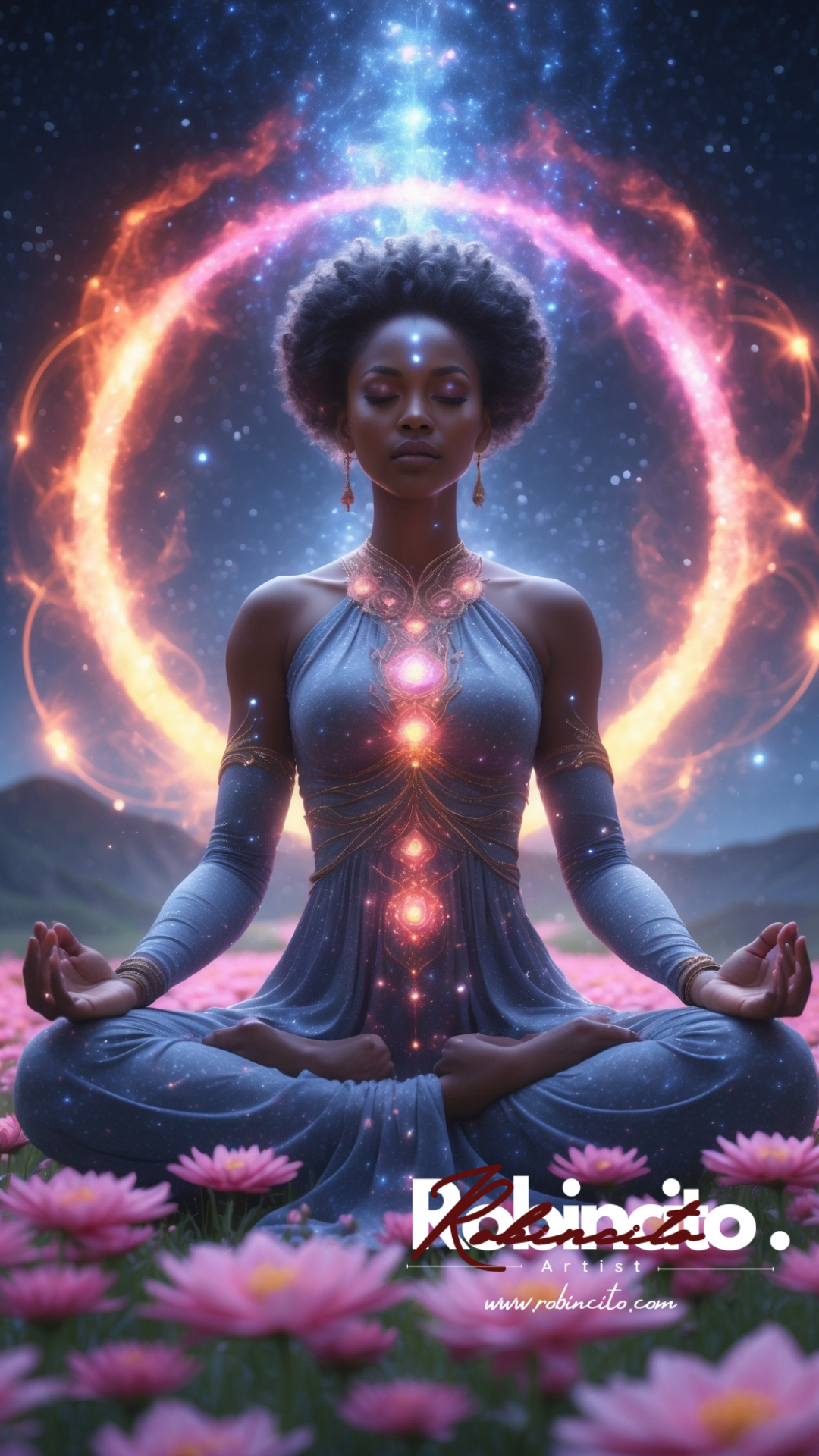 Woman meditating in lotus pose surrounded by glowing energy and pink flowers, under a starry night sky.