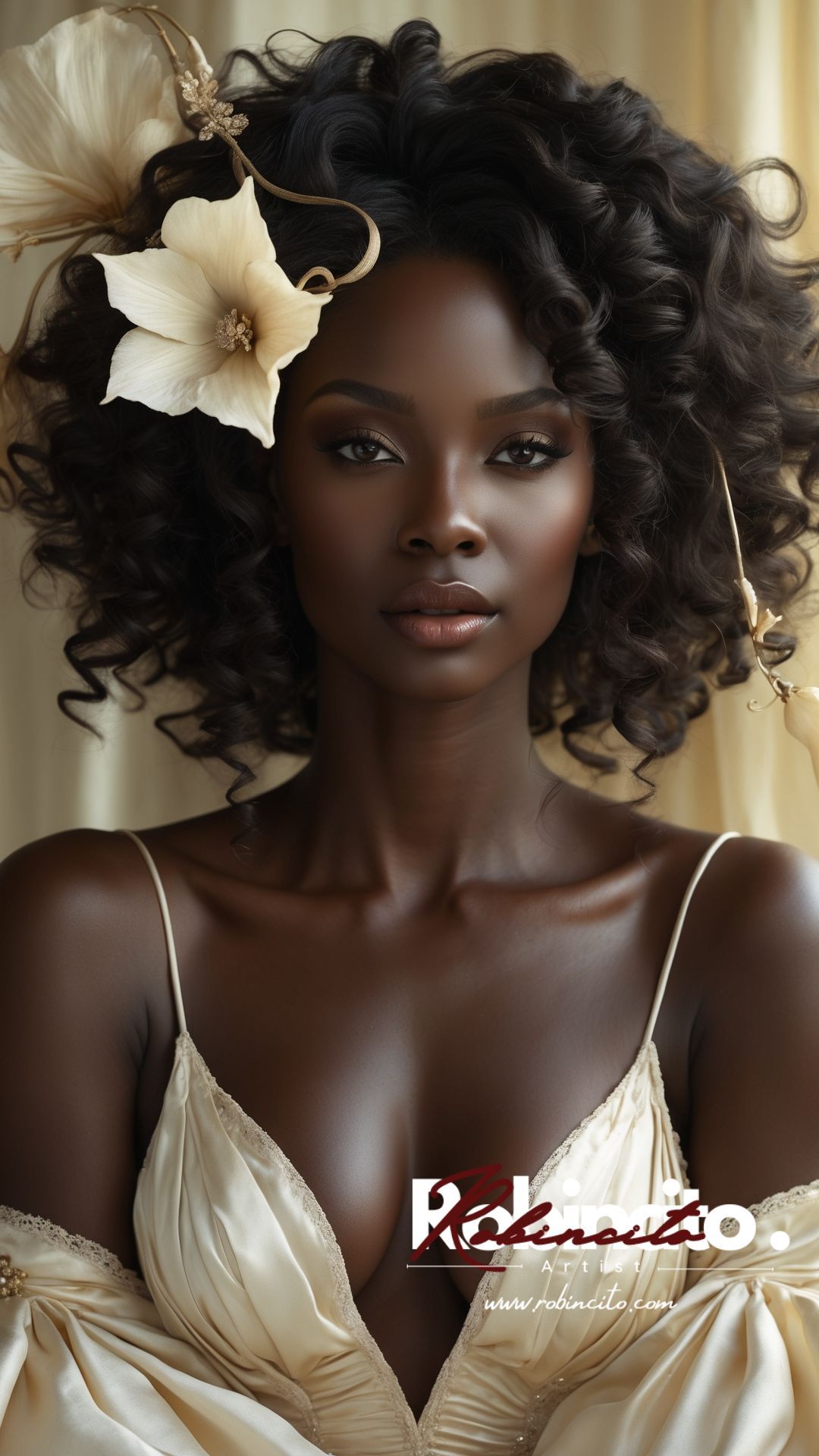 Beautiful Black woman with curly hair, flower headpiece, wearing an off-white gown, looking directly at camera.