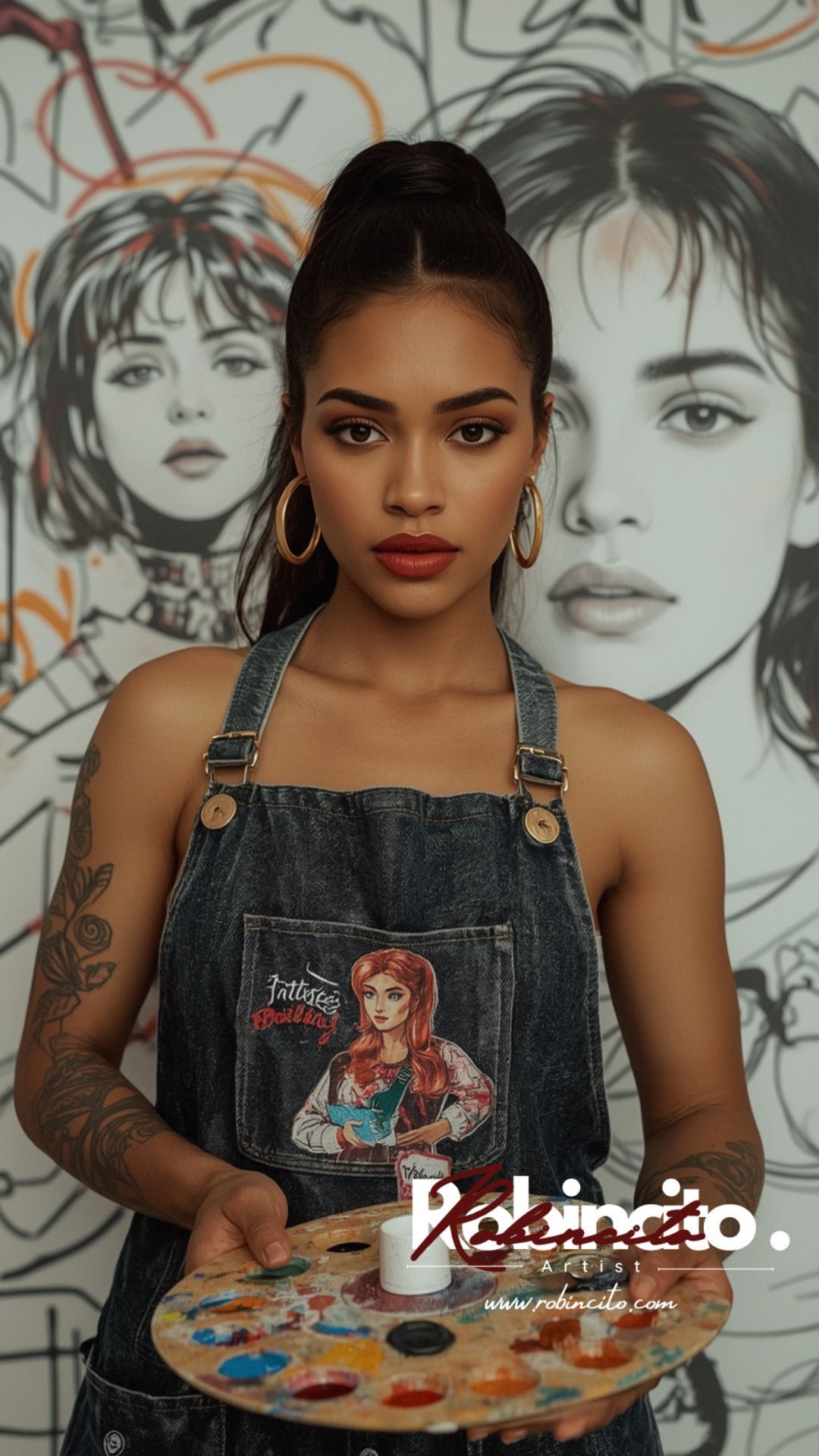 Woman artist in denim apron holding a palette, standing in front of a mural, looking directly at the camera.