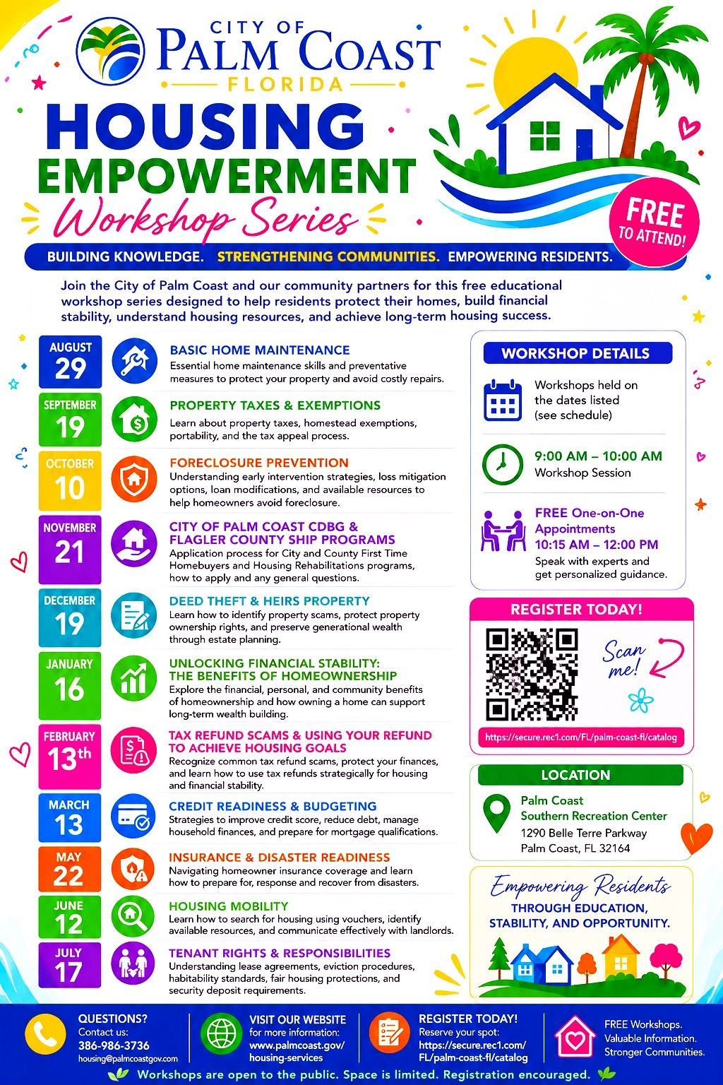Workshop flyer: Housing empowerment series in Palm Coast, FL. Saturday mornings, 2025-2026.