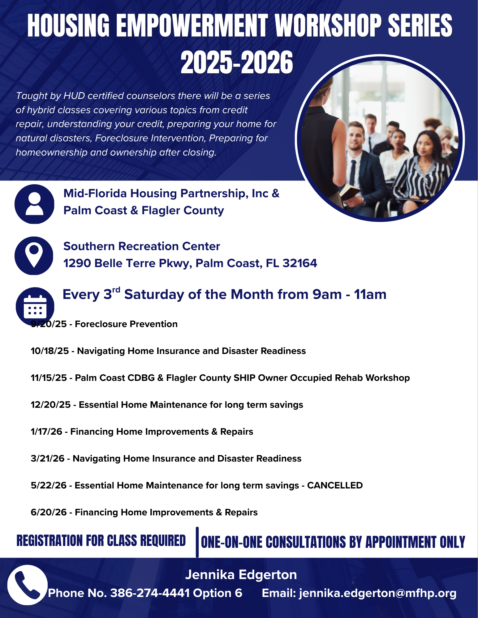 Workshop flyer: Housing empowerment series in Palm Coast, FL. Saturday mornings, 2025-2026.