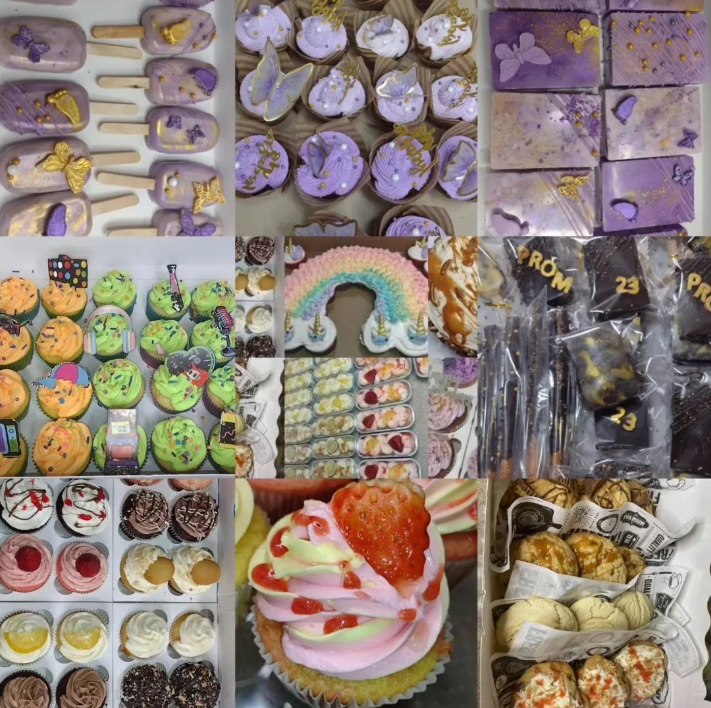 A collage of different types of desserts including cupcakes and cookies