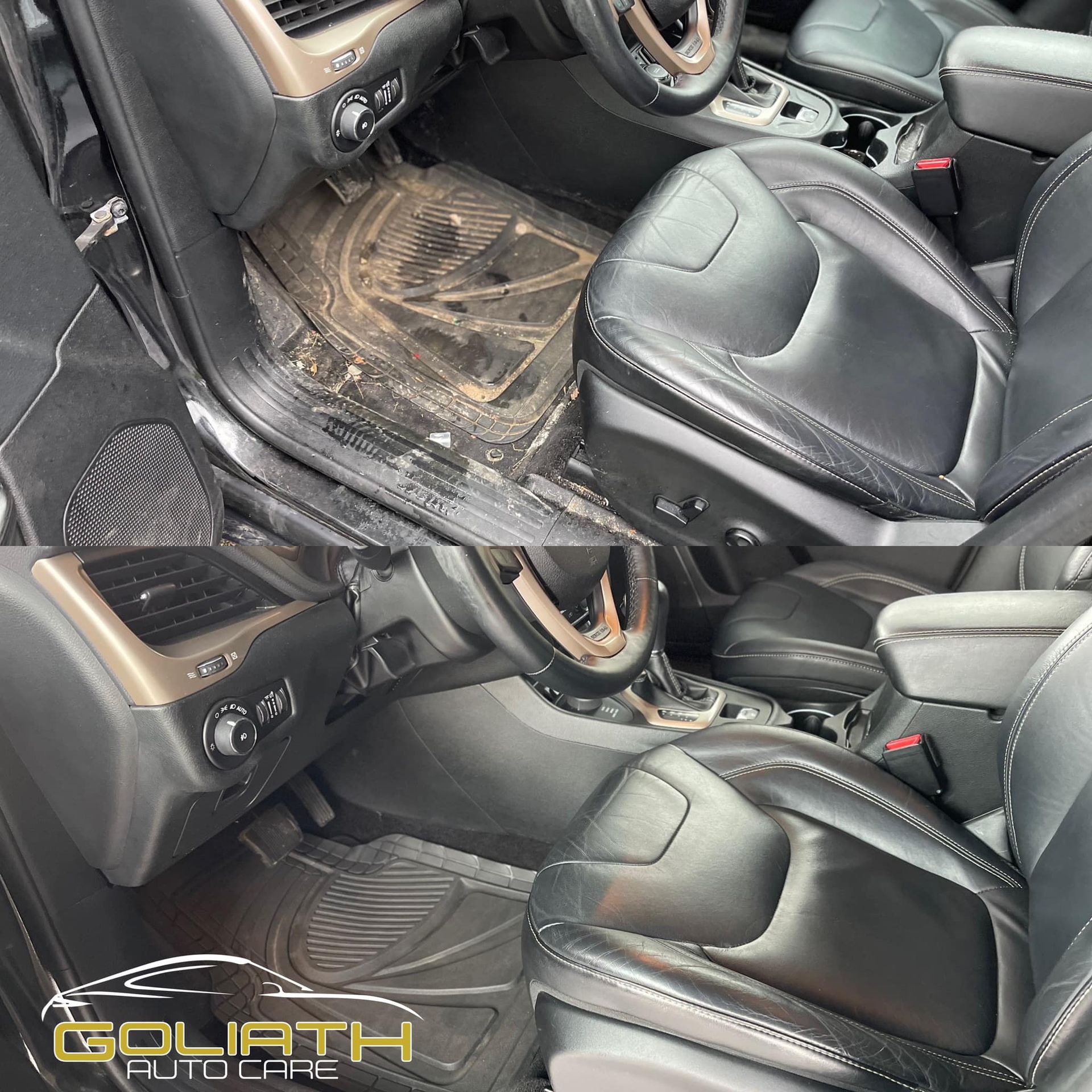 a picture of a car before and after being cleaned by goliath auto care