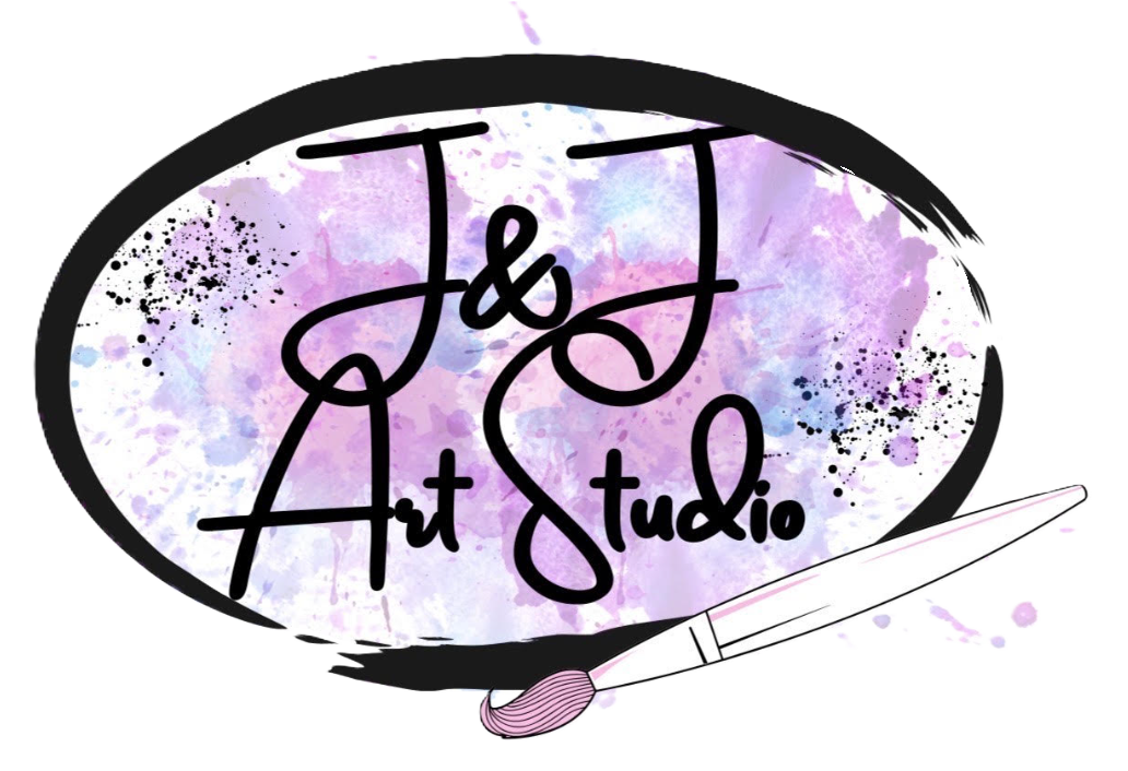 Le J Art Studio logo with black script, purple watercolor background, and a paintbrush