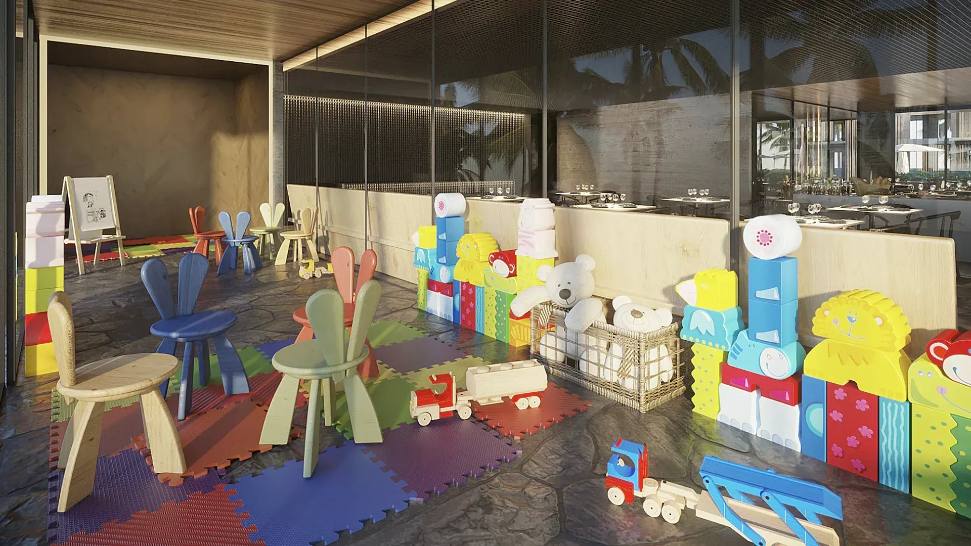 Uma impressão artística de uma sala de recreação infantil repleta de brinquedos e cadeiras.