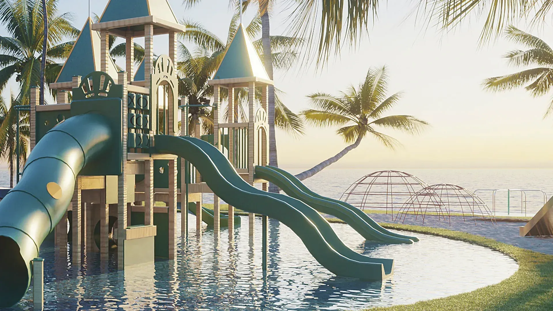 Impressão artística de um playground com escorregador e castelo.