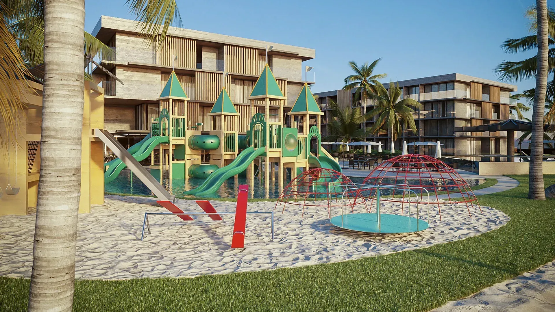 Uma impressão artística de um parque infantil em frente a um edifício.