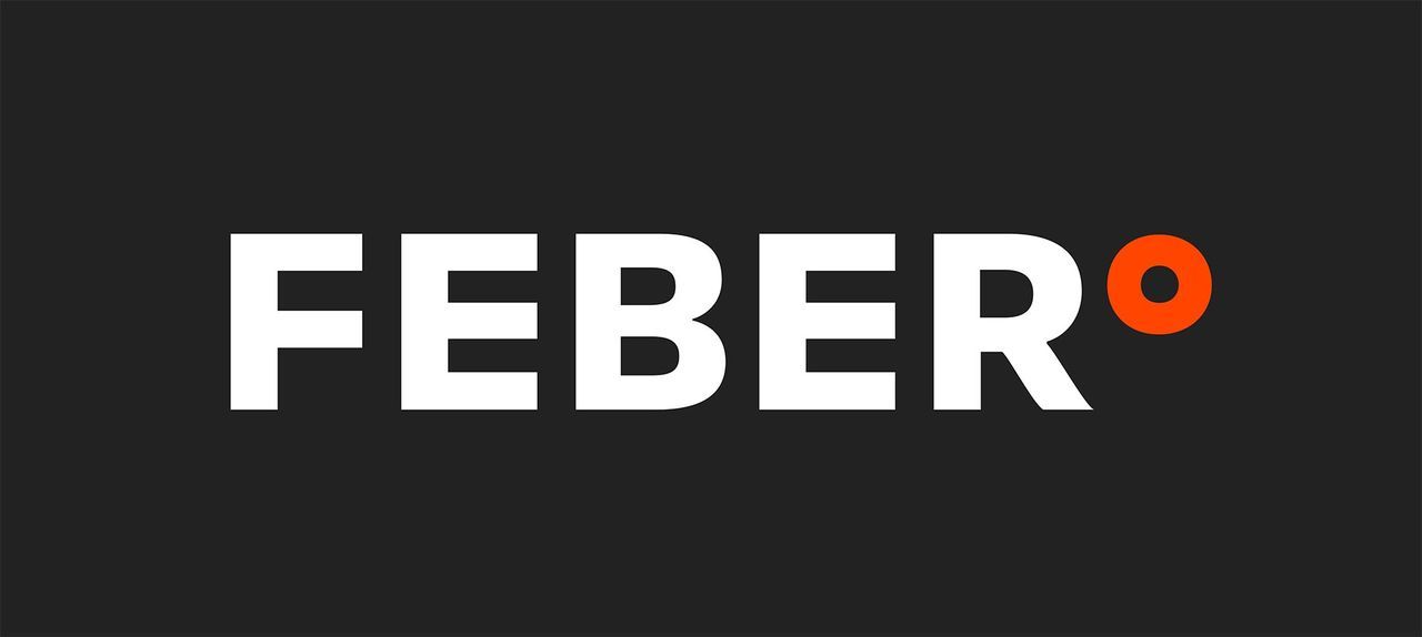 Feber logo: White text on black background, with an orange circle at the end of the word.