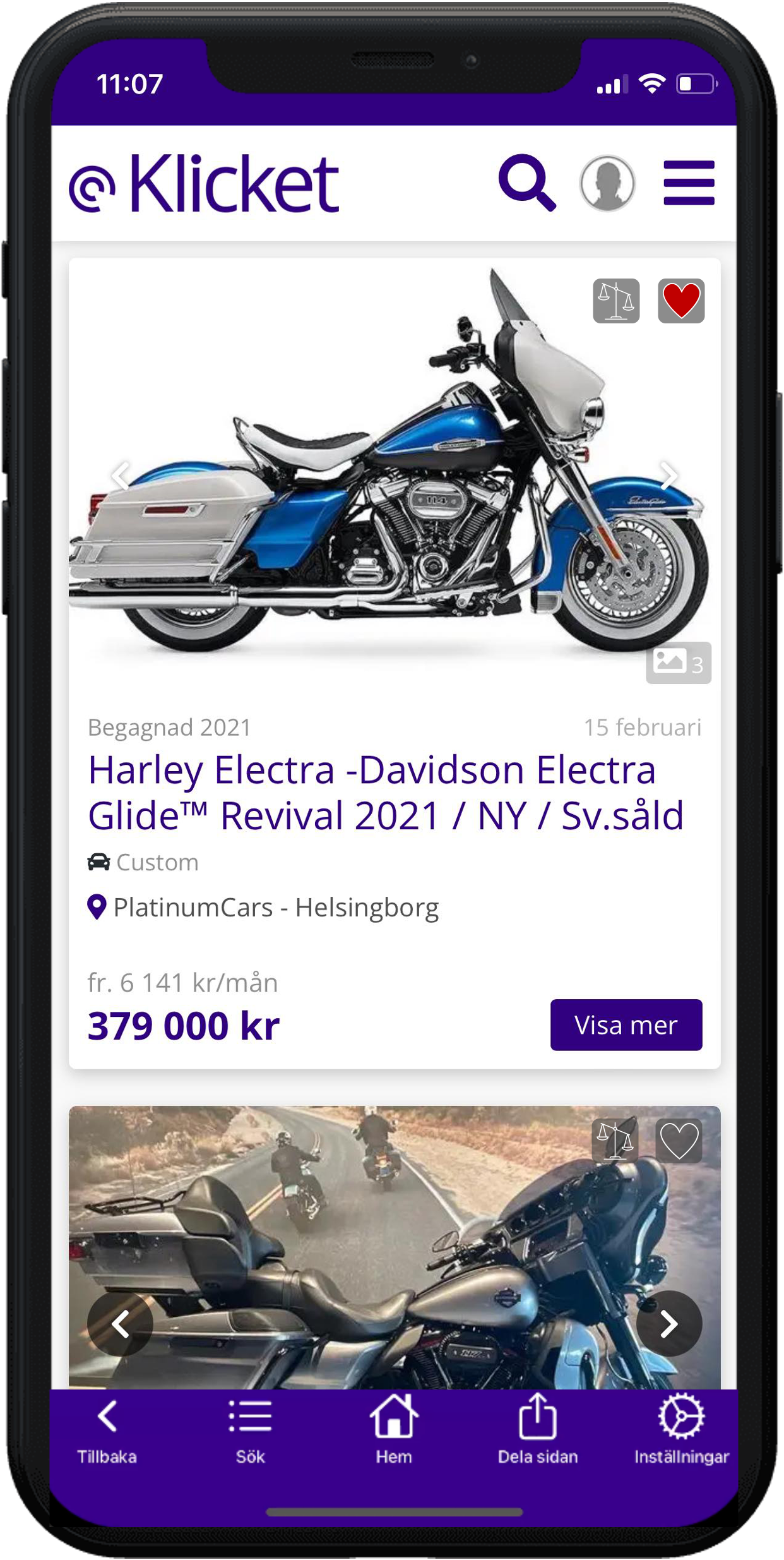 Mobile app screen displaying a blue Harley Davidson motorcycle for sale, with price and details.
