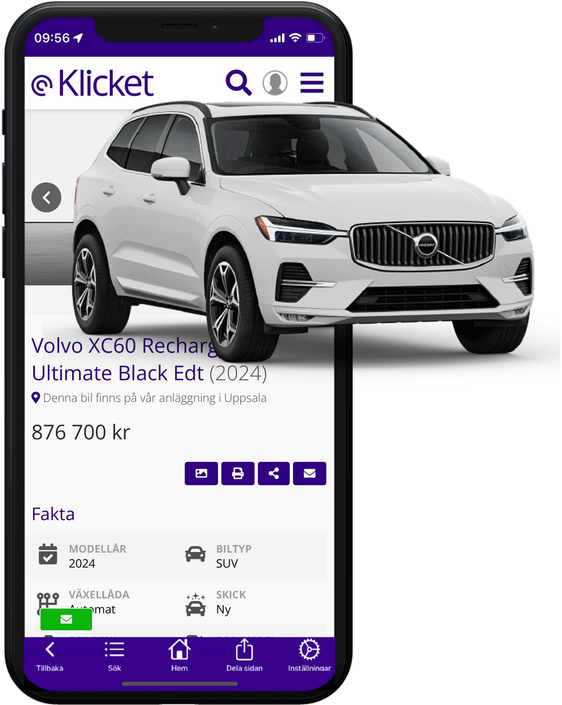Mobile phone displaying a white Volvo XC60 Recharge listing on the Klicket app.