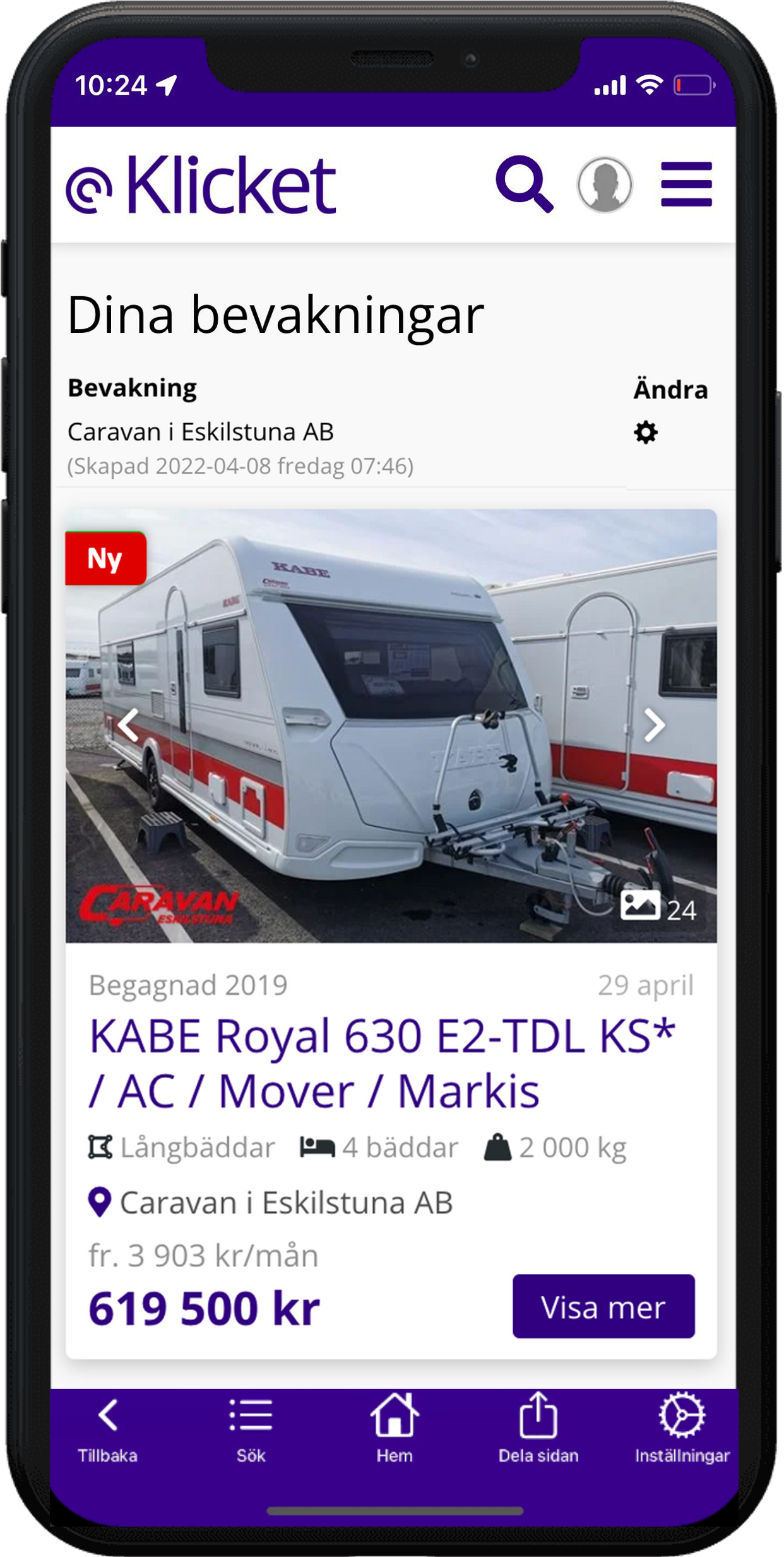 Mobile app displaying a listing for a KABE Royal caravan. Features a photo of the caravan and details.