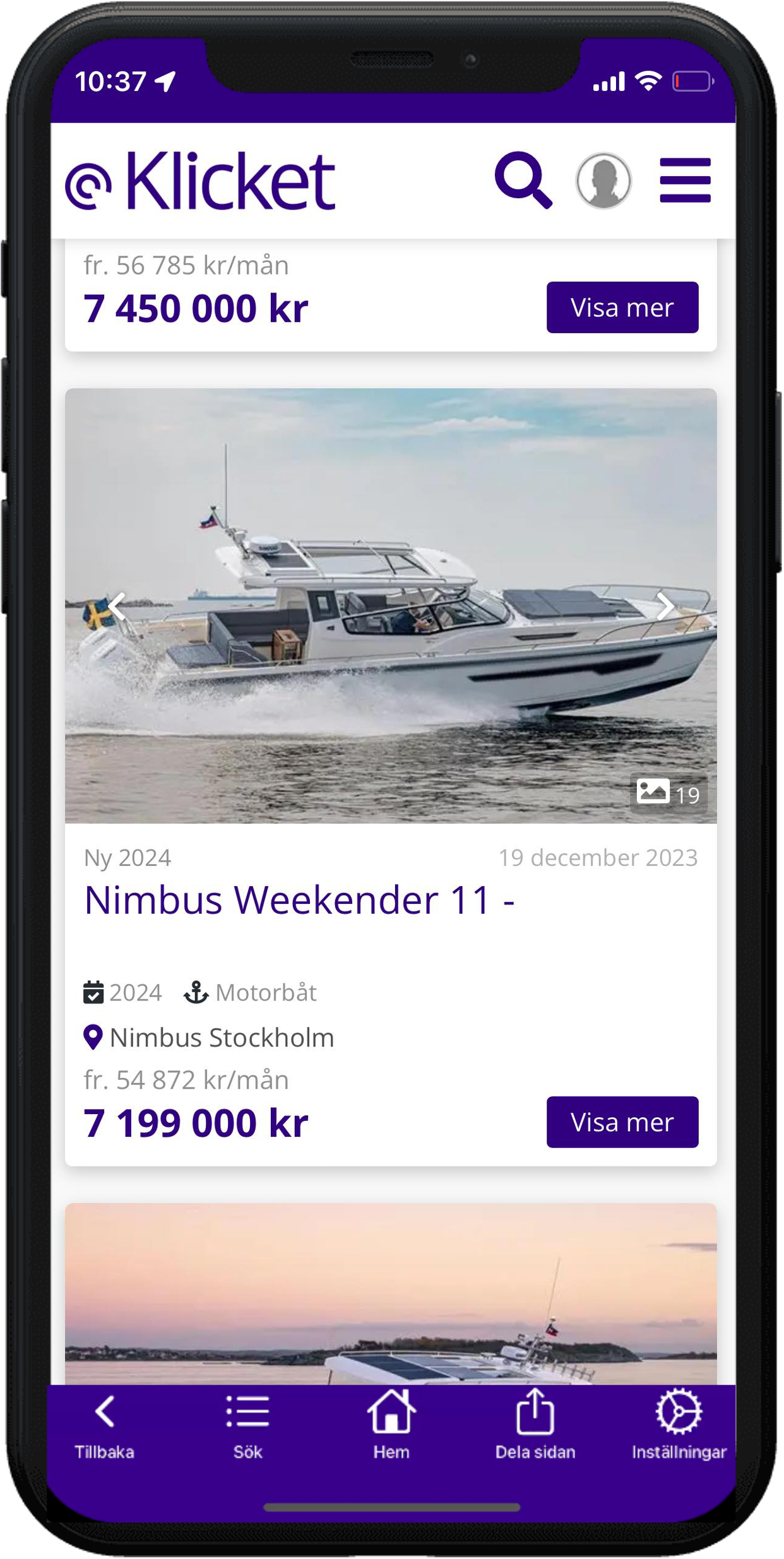 Smartphone displaying a boat listing on the Klicket app, with a picture of a boat, price and details.
