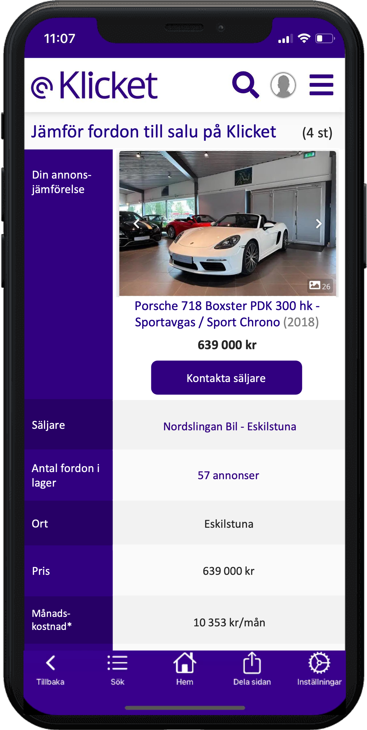 Mobile app screen displaying a car listing, with a white convertible and menu options.